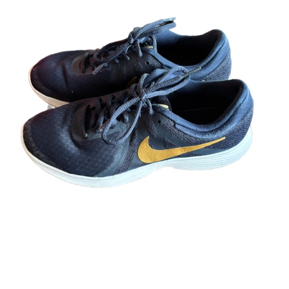 us navy blue and yellow nike shoes Nike Revolution Women's Running Shoes Navy with Gold Swoosh – Size US  No Box